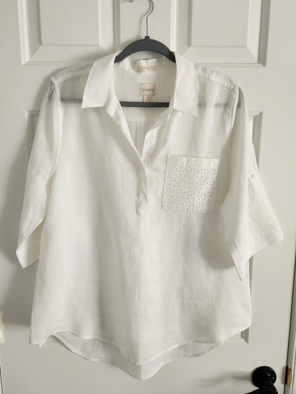 Chico's White 100% Linen Eyelet Pocket Tunic Top No Iron